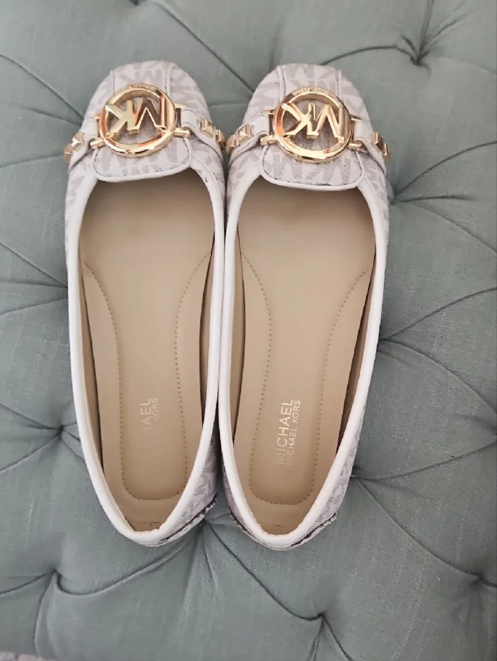 Michael Kors Cream Logo Ballet Flats with Gold Emblem